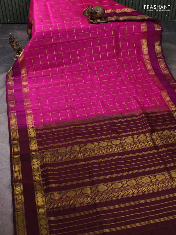 Silk cotton saree pink  and wine shade with allover zari checked pattern and rettapet zari woven border