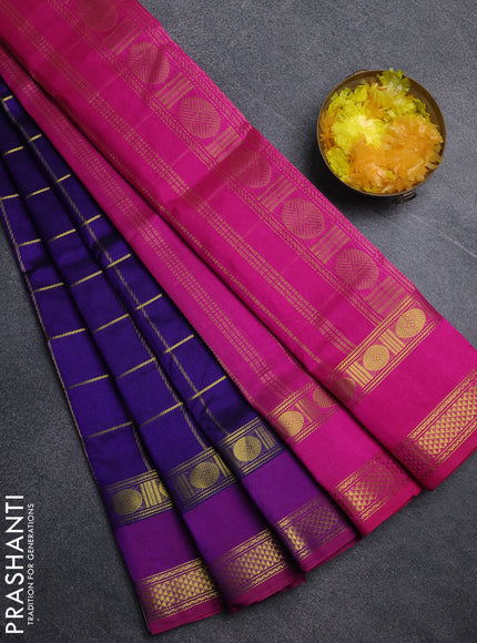 Silk cotton saree royal blue and pink with allover zari checked pattern and rettapet zari woven border