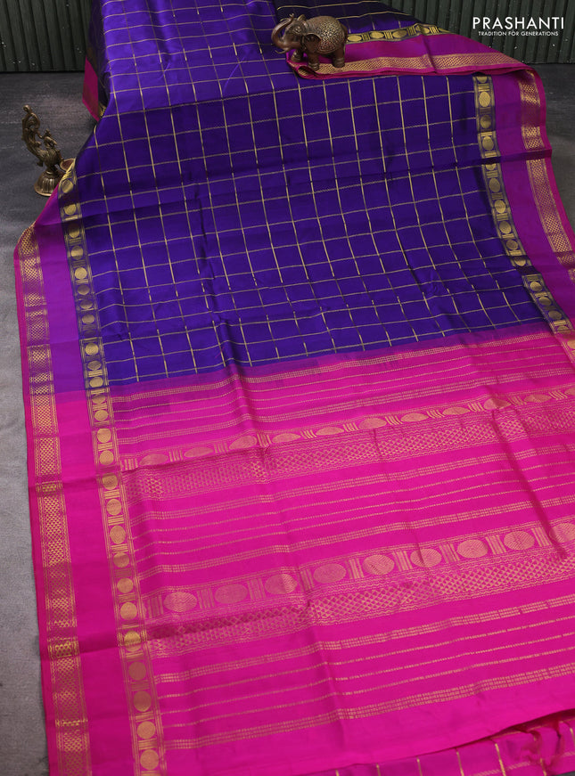 Silk cotton saree royal blue and pink with allover zari checked pattern and rettapet zari woven border