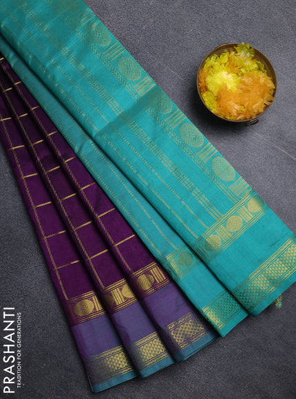 Silk cotton saree purple and teal green with allover zari checked pattern and rettapet zari woven border