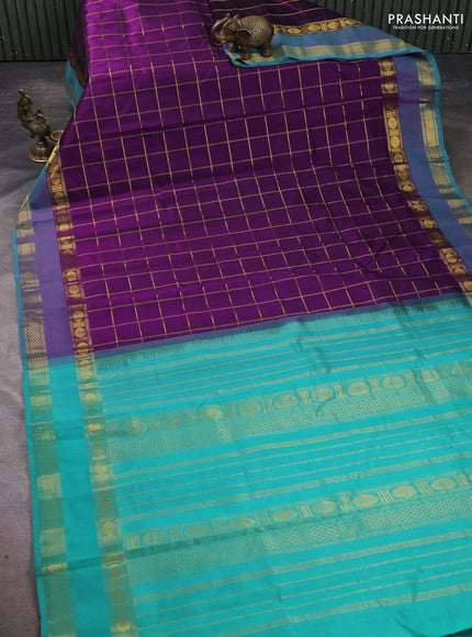 Silk cotton saree purple and teal green with allover zari checked pattern and rettapet zari woven border