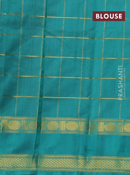 Silk cotton saree purple and teal green with allover zari checked pattern and rettapet zari woven border