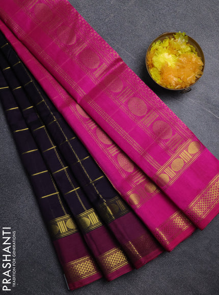 Silk cotton saree deep violet and pink with allover zari checked pattern and rettapet zari woven border
