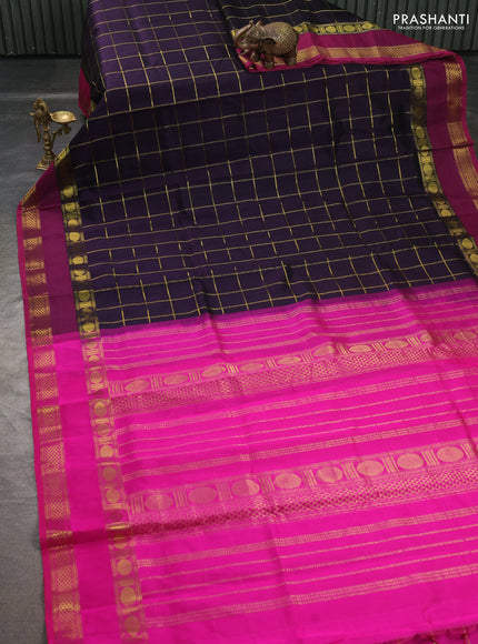 Silk cotton saree deep violet and pink with allover zari checked pattern and rettapet zari woven border