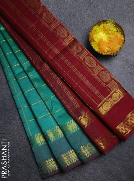 Silk cotton saree teal green and maroon with allover zari checked pattern and rettapet zari woven border