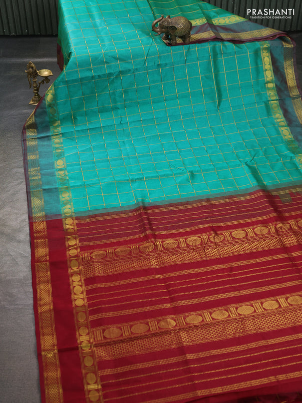 Silk cotton saree teal green and maroon with allover zari checked pattern and rettapet zari woven border