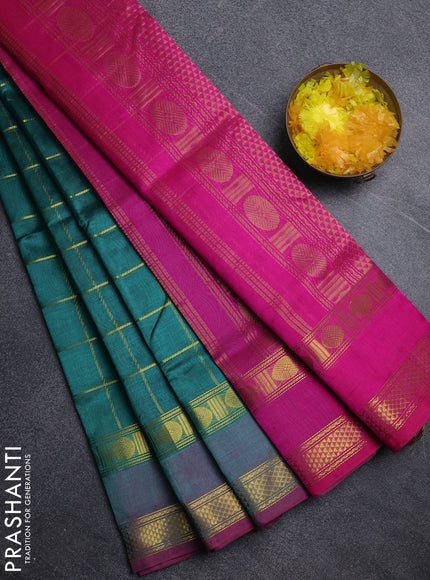 Silk cotton saree peacock green and pink with allover zari checked pattern and rettapet zari woven border