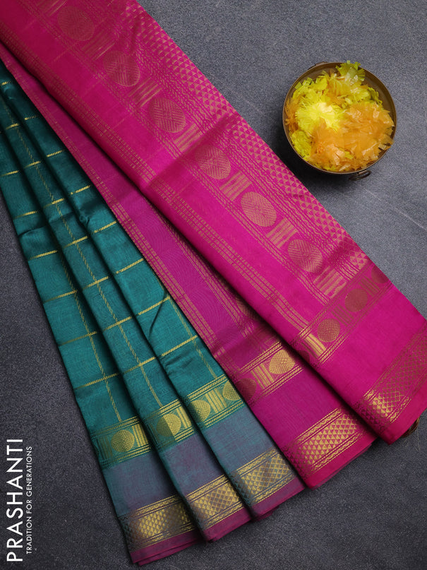 Silk cotton saree peacock green and pink with allover zari checked pattern and rettapet zari woven border