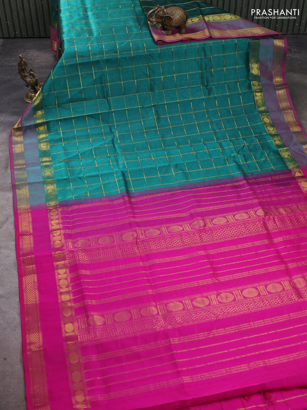 Silk cotton saree peacock green and pink with allover zari checked pattern and rettapet zari woven border