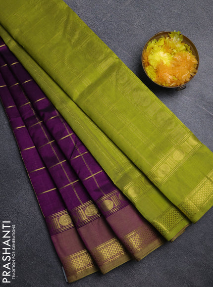 Silk cotton saree purple and light green with allover zari checked pattern and rettapet zari woven border
