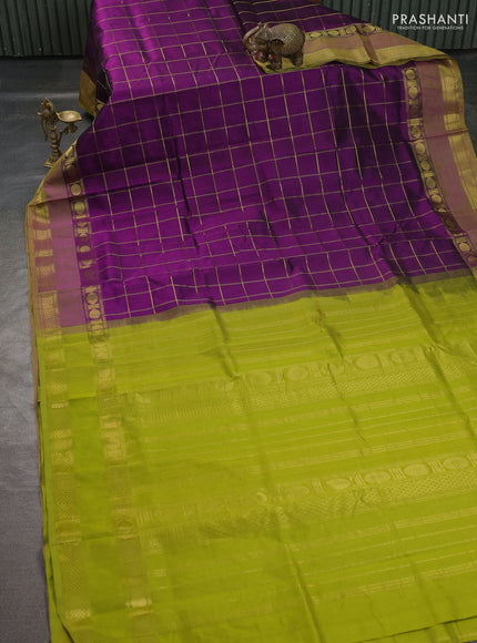 Silk cotton saree purple and light green with allover zari checked pattern and rettapet zari woven border