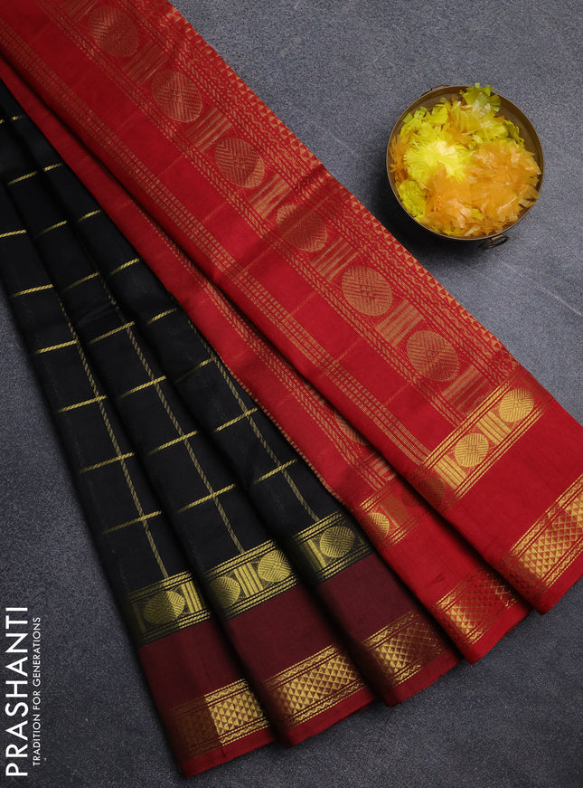Silk cotton saree black and red with allover zari checked pattern and rettapet zari woven border