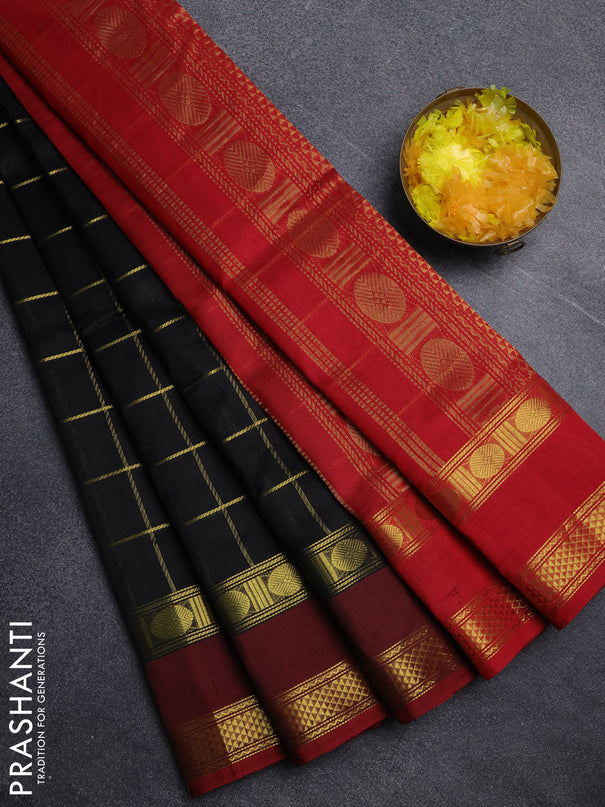 Silk cotton saree black and red with allover zari checked pattern and rettapet zari woven border