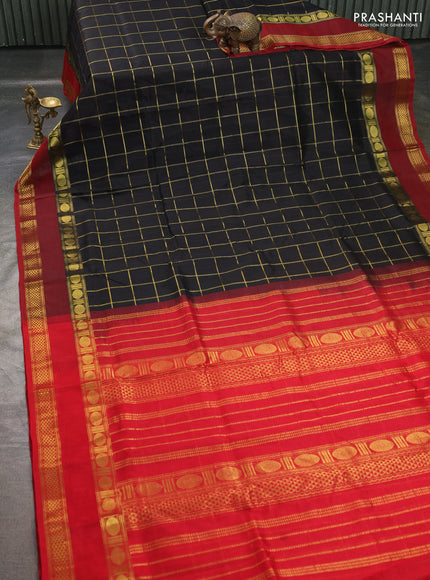Silk cotton saree black and red with allover zari checked pattern and rettapet zari woven border