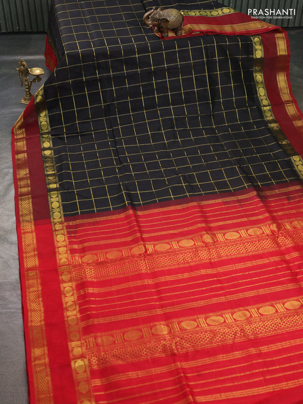 Silk cotton saree black and red with allover zari checked pattern and rettapet zari woven border