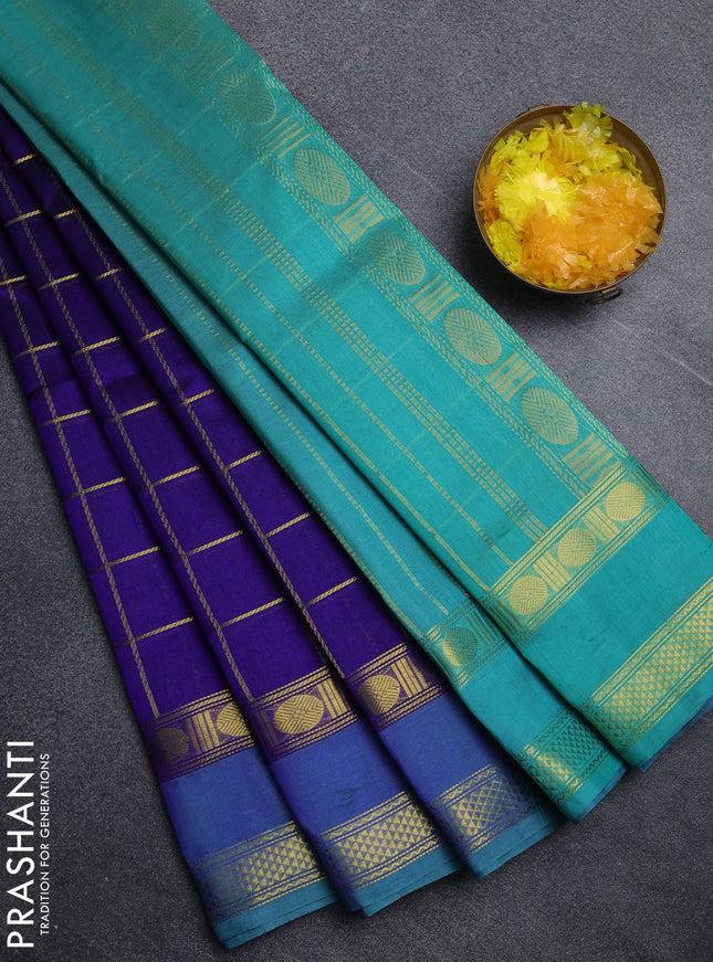 Silk cotton saree royal blue and teal green with allover zari checked pattern and rettapet zari woven border