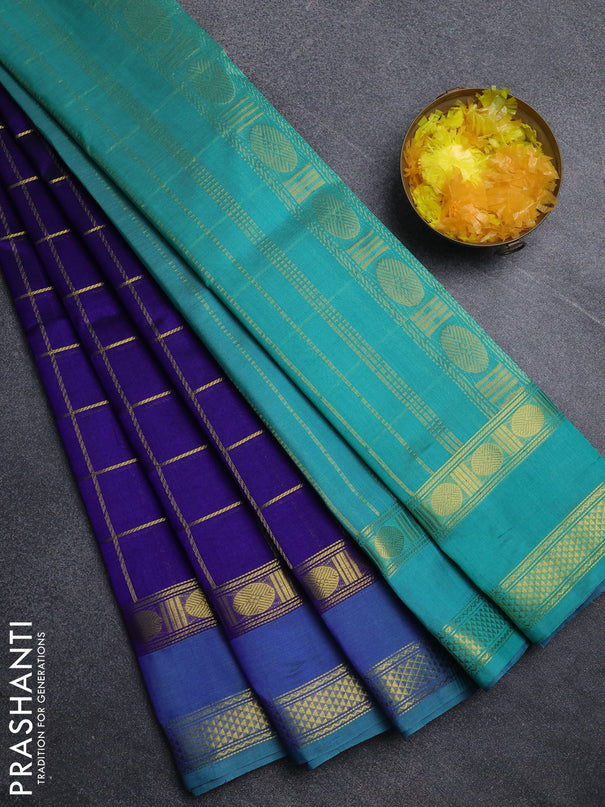 Silk cotton saree royal blue and teal green with allover zari checked pattern and rettapet zari woven border