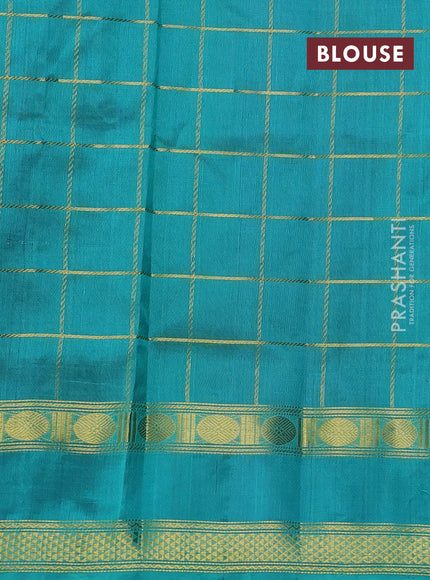 Silk cotton saree royal blue and teal green with allover zari checked pattern and rettapet zari woven border