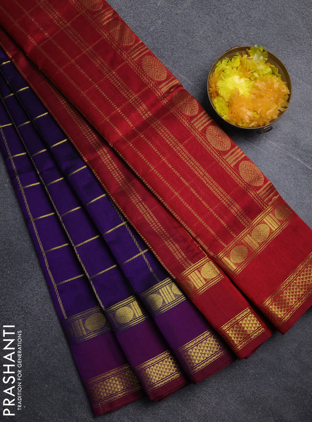 Silk cotton saree violet and maroon with allover zari checked pattern and rettapet zari woven border