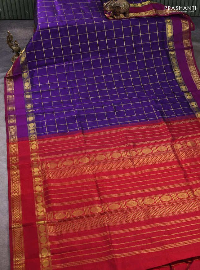 Silk cotton saree violet and maroon with allover zari checked pattern and rettapet zari woven border