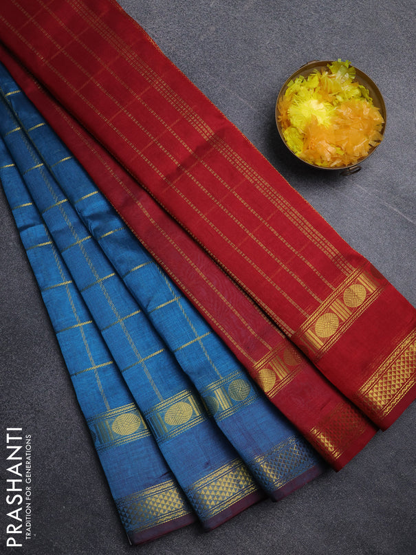 Silk cotton saree peacock blue and maroon with allover zari checked pattern and rettapet zari woven border