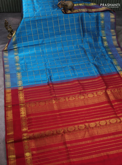 Silk cotton saree peacock blue and maroon with allover zari checked pattern and rettapet zari woven border