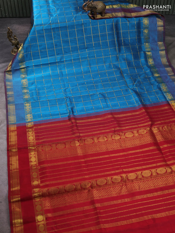 Silk cotton saree peacock blue and maroon with allover zari checked pattern and rettapet zari woven border