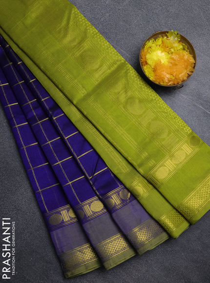 Silk cotton saree navy blue and light green with allover zari checked pattern and rettapet zari woven border
