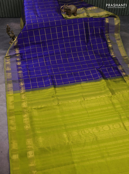 Silk cotton saree navy blue and light green with allover zari checked pattern and rettapet zari woven border