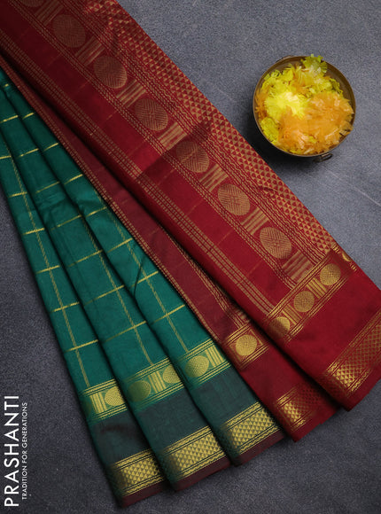 Silk cotton saree teal green and maroon with allover zari checked pattern and rettapet zari woven border