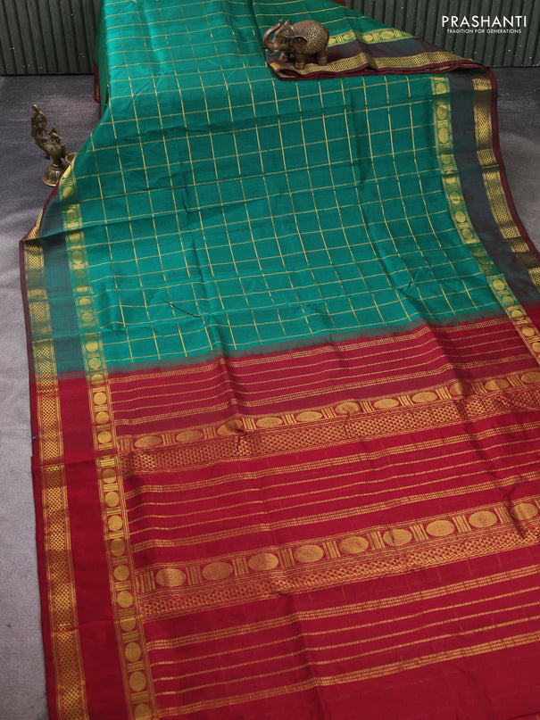 Silk cotton saree teal green and maroon with allover zari checked pattern and rettapet zari woven border