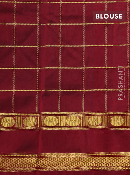 Silk cotton saree teal green and maroon with allover zari checked pattern and rettapet zari woven border