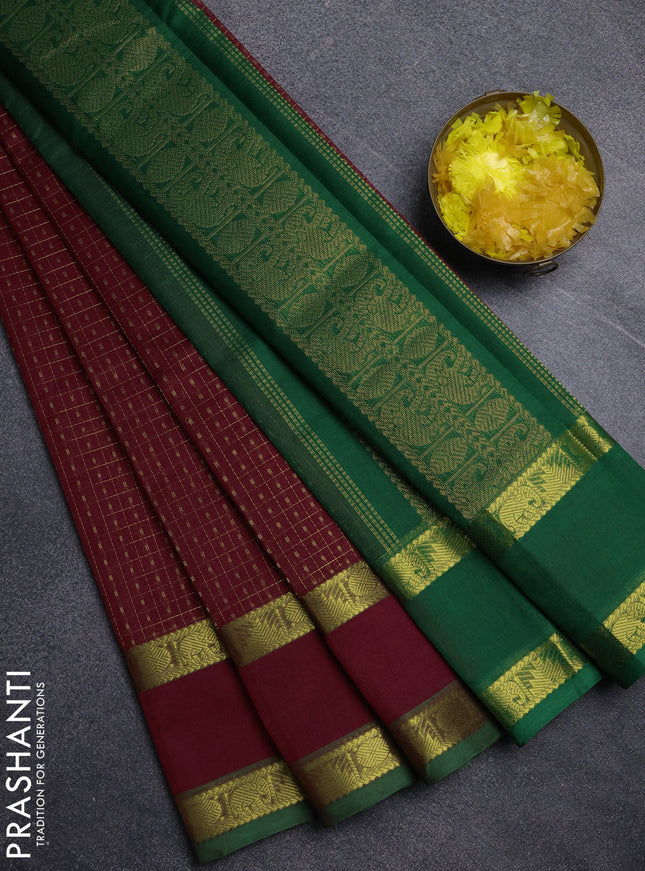 Silk cotton saree maroon and green with allover lakshadeepam pattern and rettapet zari woven border