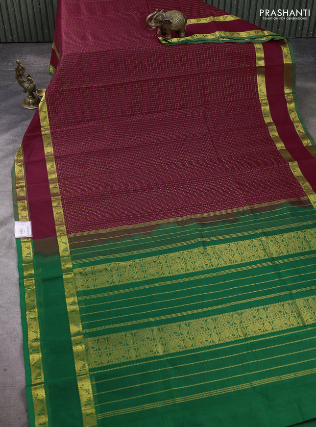 Silk cotton saree maroon and green with allover lakshadeepam pattern and rettapet zari woven border