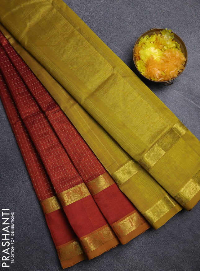 Silk cotton saree rustic orange and mustard yellow with allover lakshadeepam pattern and rettapet zari woven border