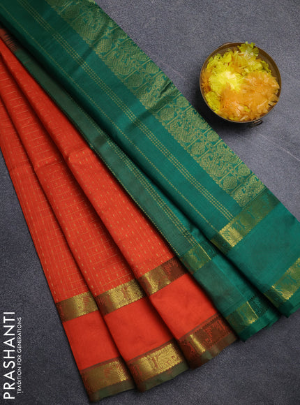 Silk cotton saree orange and green with allover lakshadeepam pattern and rettapet zari woven border