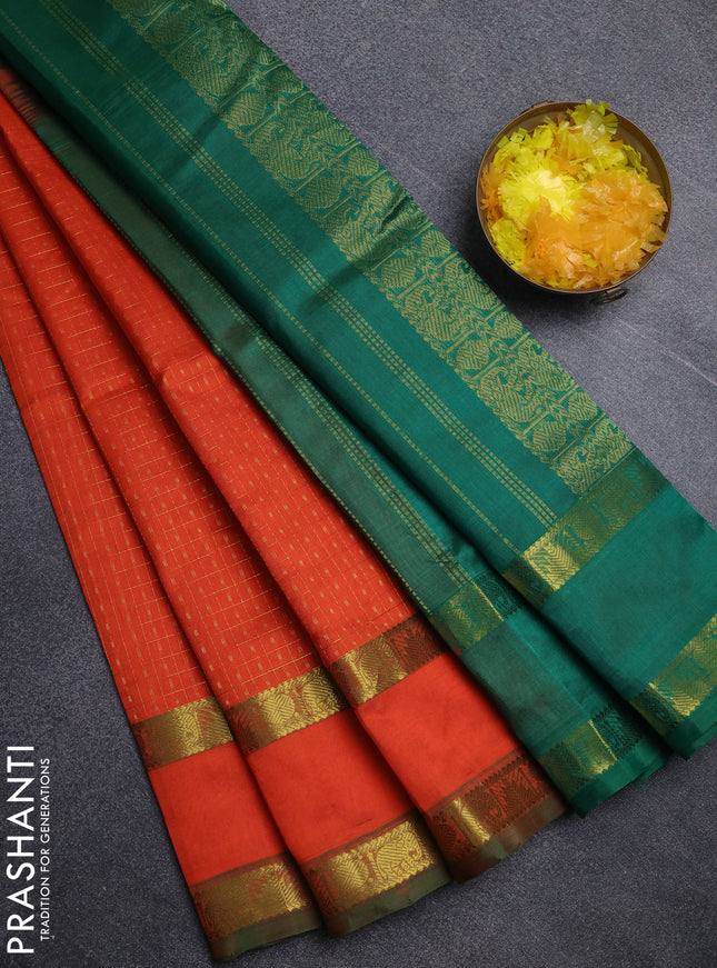Silk cotton saree orange and green with allover lakshadeepam pattern and rettapet zari woven border