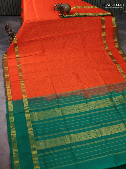 Silk cotton saree orange and green with allover lakshadeepam pattern and rettapet zari woven border