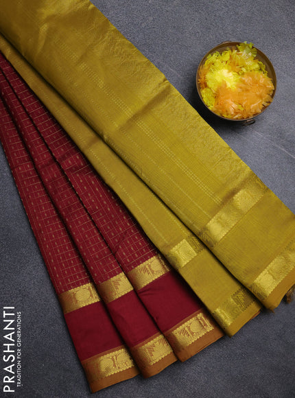 Silk cotton saree maroon and mustard yellow with allover lakshadeepam pattern and rettapet zari woven border