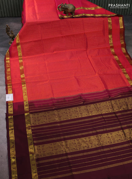 Silk cotton saree dual shade of pinkish orange and deep purple with allover lakshadeepam pattern and rettapet zari woven border