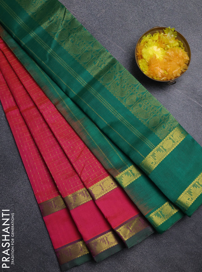 Silk cotton saree dual shade of pinkish orange and green with allover lakshadeepam pattern and rettapet zari woven border