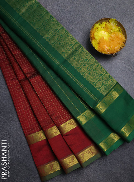 Silk cotton saree maroon and green with allover lakshadeepam pattern and rettapet zari woven border