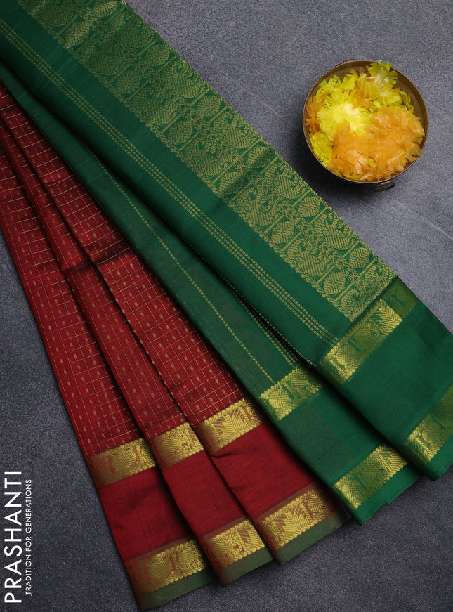 Silk cotton saree maroon and green with allover lakshadeepam pattern and rettapet zari woven border