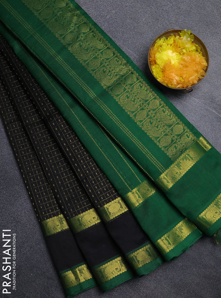 Silk cotton saree black and green with allover lakshadeepam pattern and rettapet zari woven border