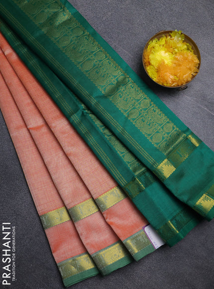 Silk cotton saree peach orange and green with allover lakshadeepam pattern and rettapet zari woven border