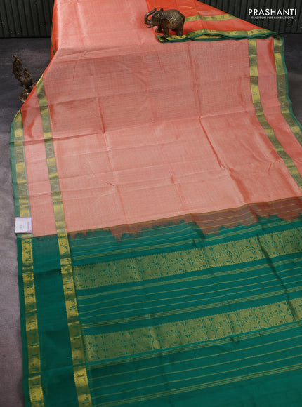 Silk cotton saree peach orange and green with allover lakshadeepam pattern and rettapet zari woven border