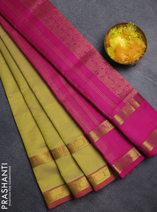 Silk cotton saree pale yellow and dark pink with allover lakshadeepam pattern and rettapet zari woven border