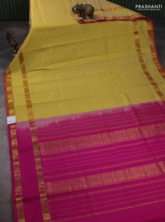 Silk cotton saree pale yellow and dark pink with allover lakshadeepam pattern and rettapet zari woven border