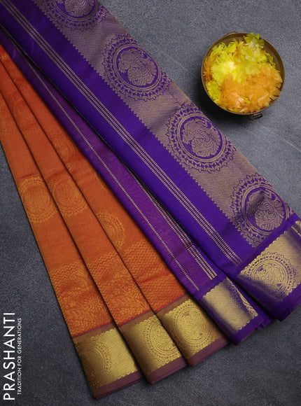 Silk cotton saree sunset oarnge and purple with allover self emboss jacquard pattern and annam zari woven border