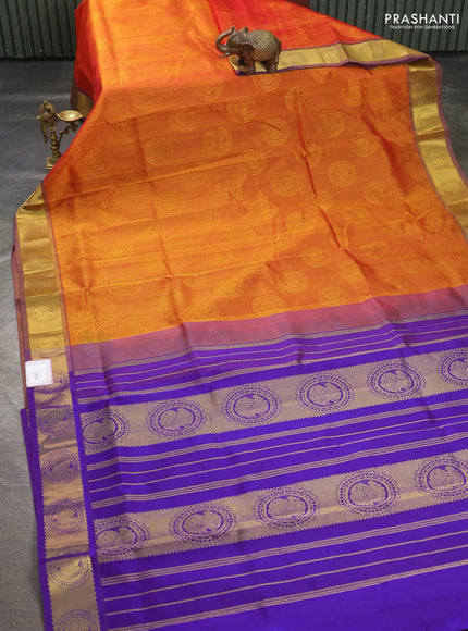 Silk cotton saree sunset oarnge and purple with allover self emboss jacquard pattern and annam zari woven border
